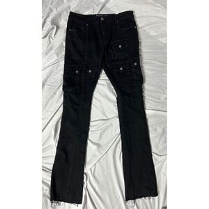 Gunzinii Mens Black Cargo Denim Jeans Size 34 Multi Pocket Raw Hem Streetwear